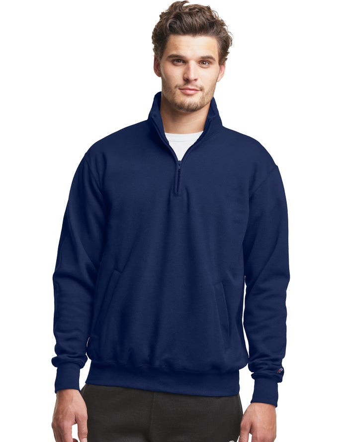 Champion Herre Sweatshirt Mørkeblå - Powerblend Fleece 1/4 Zip With Pockets - Danmark NKW-019628